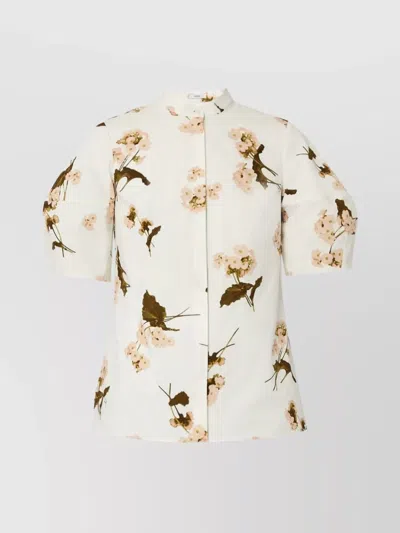 Erdem Floral Print Cotton Top With Collared Neck In Neutrals