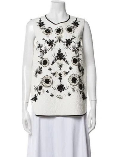 Pre-owned Erdem Floral Print Crew Neck Top In White