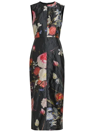 Erdem Floral-print Crinkled Satin Midi Cocktail Dress In Black