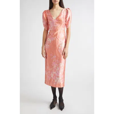 Erdem Floral Print Crushed Metallic Satin Gown In Pink