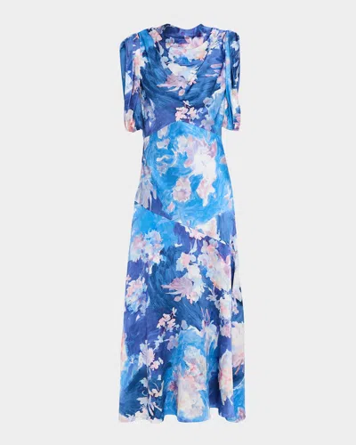 Erdem Floral-print Draped Sleeveless Midi Dress In Blue