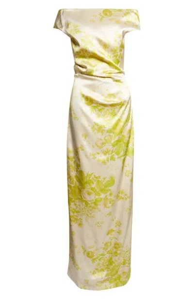 Erdem Floral Print Duchesse Satin Off The Shoulder Gown In Neutral