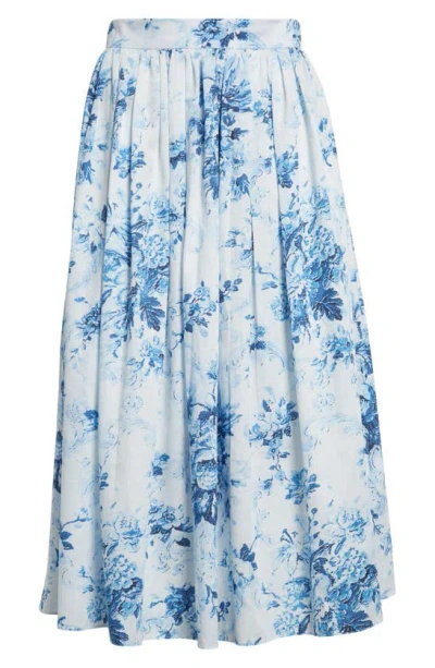 Erdem Floral Print Full Midi Skirt In Antique Print Blue