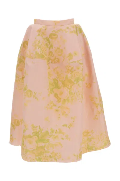 Erdem Floral Print Linen Chine Midi Full Skirt In Pink