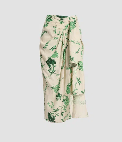 Erdem Floral Print Linen Drape Midi Skirt In Multi