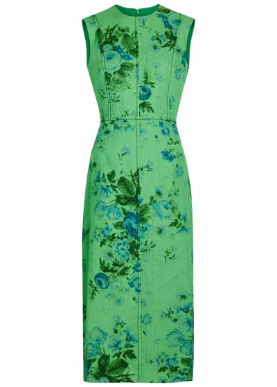 Erdem Floral Print Sleeveless Linen Midi Pencil Dress In Green