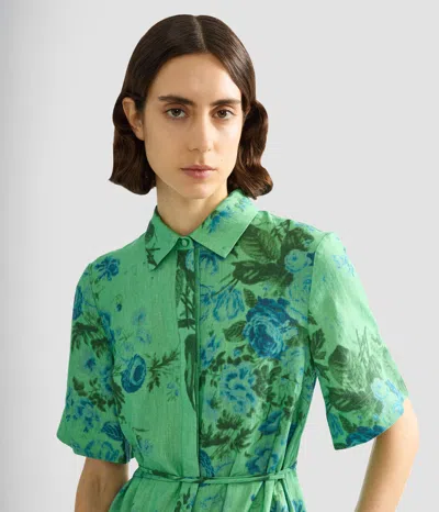 Erdem Floral Print Linen Tie-waist Midi Shirt Dress In Green