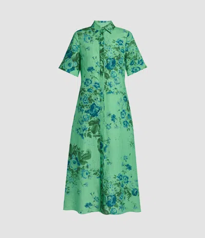 Erdem Floral Print Linen Tie-waist Midi Shirt Dress In Green
