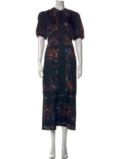 Pre-owned Erdem Floral Print Long Dress In Black