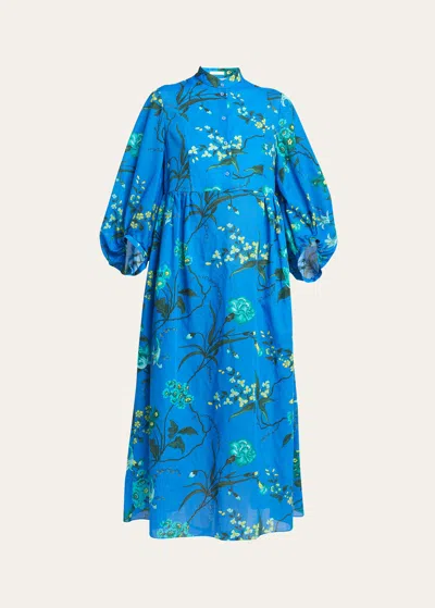Erdem Floral-print Long-sleeve Midi Shift Dress In Blue
