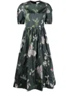 Erdem Floral-print Crinkle Midi Dress With Volume Skirt In Green