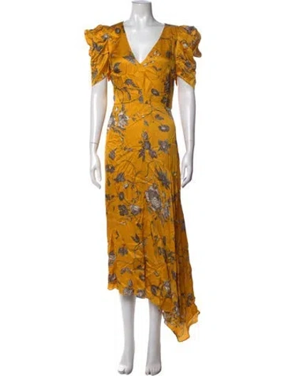 Pre-owned Erdem Floral Print Midi Length Dress W/ Tags In Yellow