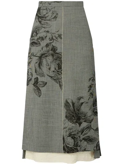 Erdem Prince Of Wales Check Floral Midi Skirt In Violetta Etching Black + White