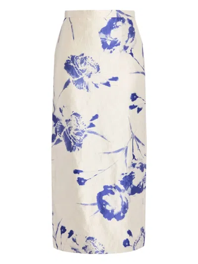 Erdem Crinkled Printed Satin-twill Midi Skirt In White