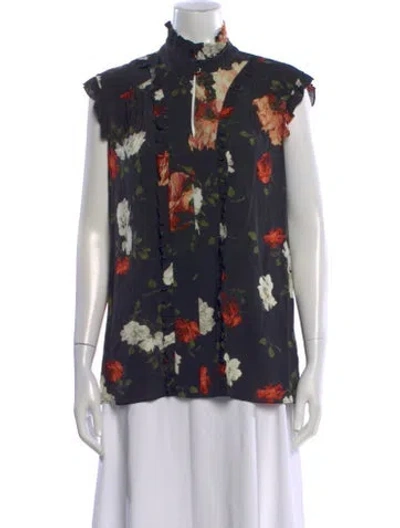 Pre-owned Erdem Floral Print Mock Neck Blouse In Black