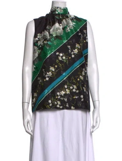 Pre-owned Erdem Floral Print Mock Neck Blouse In Black/blue/green