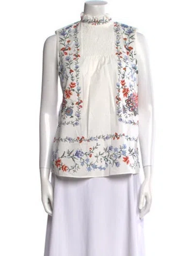 Pre-owned Erdem Floral Print Mock Neck Blouse In White