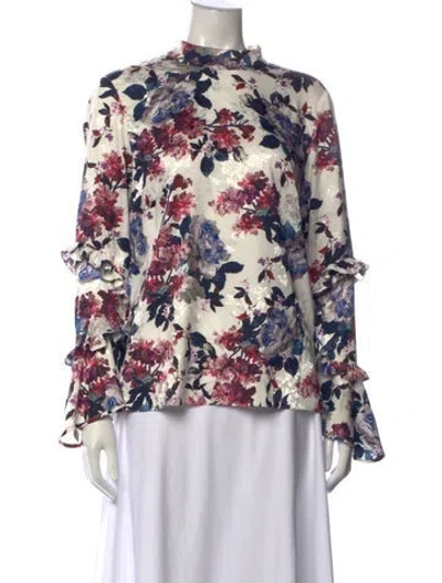 Pre-owned Erdem Floral Print Mock Neck Blouse In White