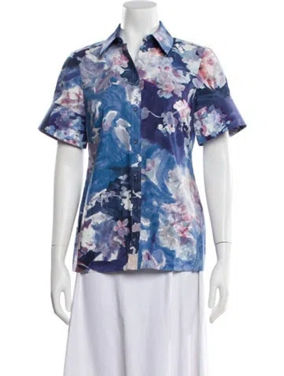 Pre-owned Erdem Floral Print Short Sleeve Blouse In Blue