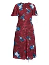 Erdem Abstract Rose Print Short Sleeve Satin Midi Dress In Red