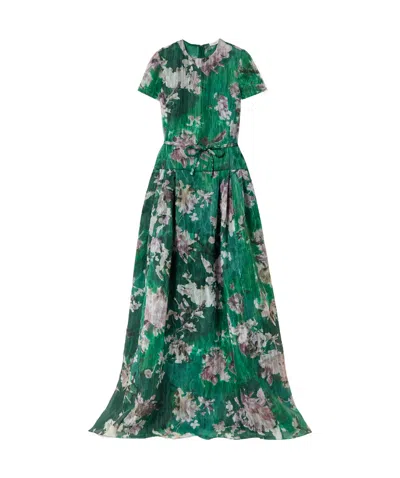 Erdem Belted Floral-print Organza Gown In Green