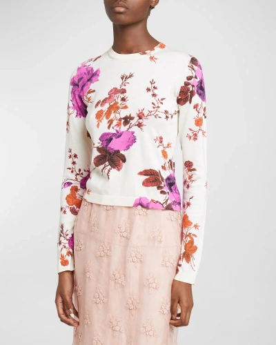 Erdem Floral-print Silk Crewneck Sweater In Rose Pink