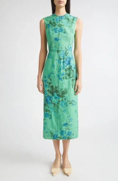 Erdem Floral Print Sleeveless Linen Midi Pencil Dress In Green
