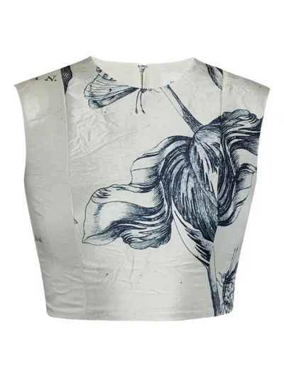 Erdem Floral-print Sleeveless Satin Top In Gray