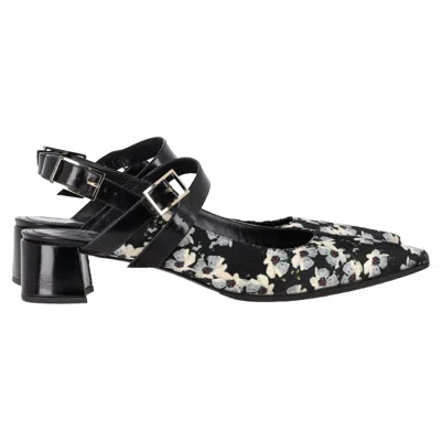 Erdem Floral Print Slingback Pumps In Black Satin