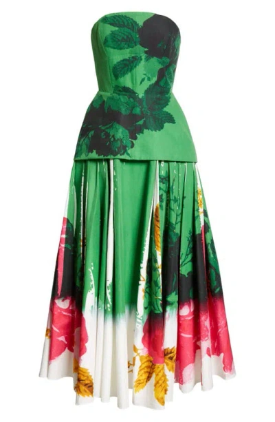 Erdem Floral-print Strapless Corset Full-skirt Midi Cocktail Dress In Green