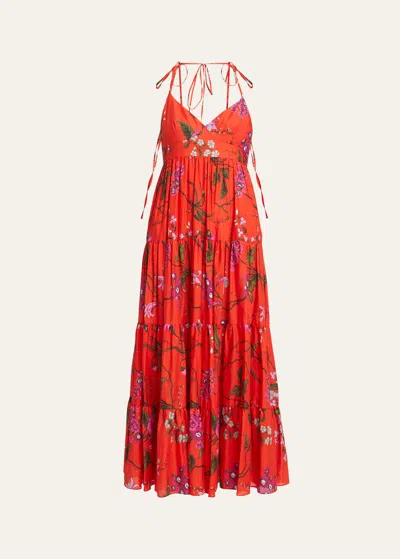 Erdem Floral-print Strappy Ties Tiered Midi Dress In Poppy