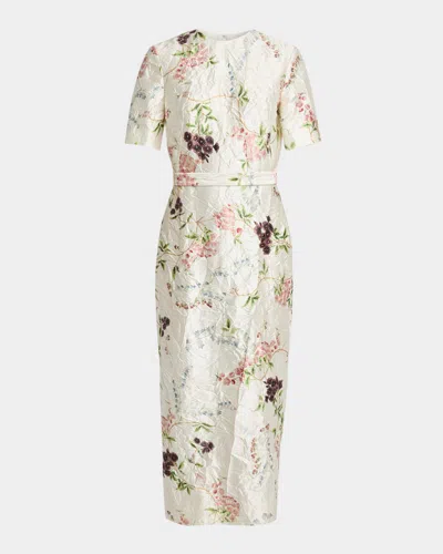 Erdem Floral Print Textured Satin Midi Pencil Dress In Neutral