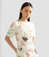 Erdem Floral Print Textured Satin Midi Pencil Dress In White