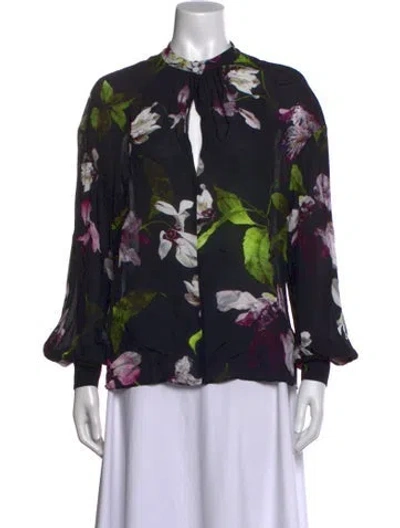 Pre-owned Erdem Floral Print Tie Neck Blouse In Black