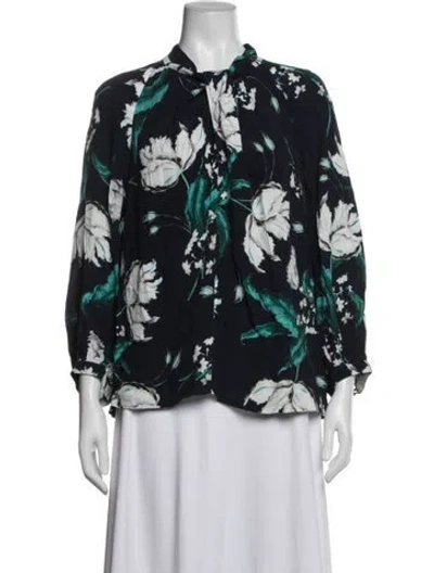 Pre-owned Erdem Floral Print Tie Neck Blouse In Blue