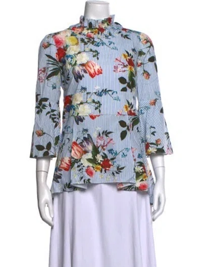 Pre-owned Erdem Floral Print Tie Neck Blouse In Blue/white