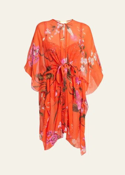 Erdem Floral-print Tie-waist Silk Mini Kaftan Dress In Orange