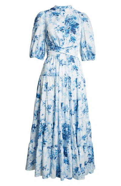 Erdem Floral Print Tiered Dress In Antique Print Blue