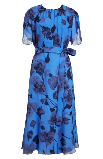 Erdem Belted Gathered Floral-print Silk-voile Midi Dress In Blue