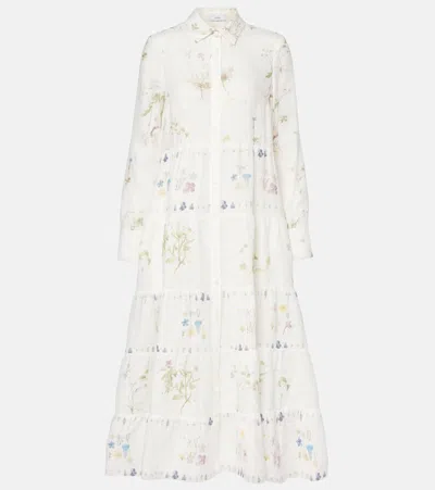 Erdem Floral Printed Tiered Linen Shirt Dress In Multi