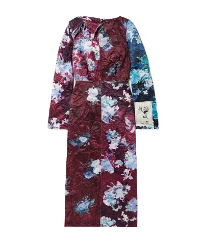 Erdem Frayed Floral-print Crinkled-satin Midi Dress In Black