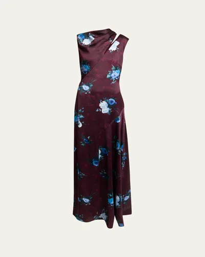Erdem Floral Satin Slash-cutout Sleeveless Gown In Brown