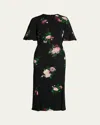 Erdem Floral Short-sleeve Midi Dress In Black