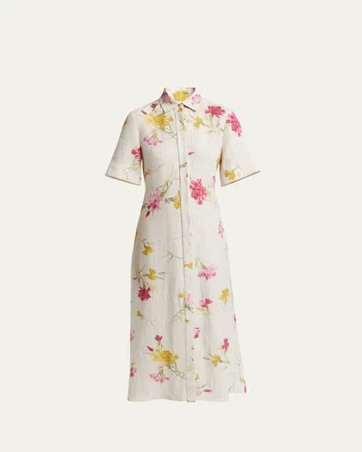 Erdem Floral Short Sleeve Midi Linen Shirtdress In Dancing Carnation Multi