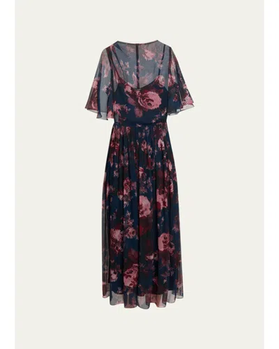 Erdem Floral Silk Creponne Flutter-sleeve Midi Dress In Multi