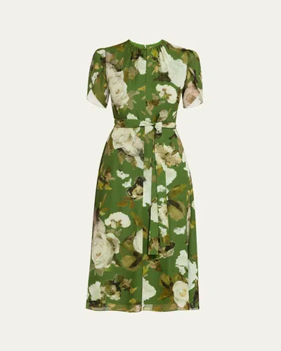 Erdem Floral Silk Short-sleeve Belted Midi Dress In Green
