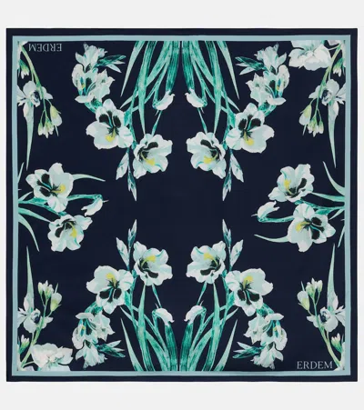 Erdem Floral Silk Twill Scarf In Blue