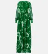 Erdem Gathered Floral Long Sleeve Silk Gown In Carnation Cyanotype Clover