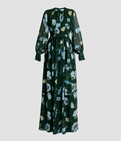 Erdem Floral Silk Voile Long Sleeve Gown In Green