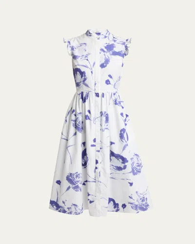 Erdem Floral Sleeveless Flared Midi Dress In Carnation Cyanotype